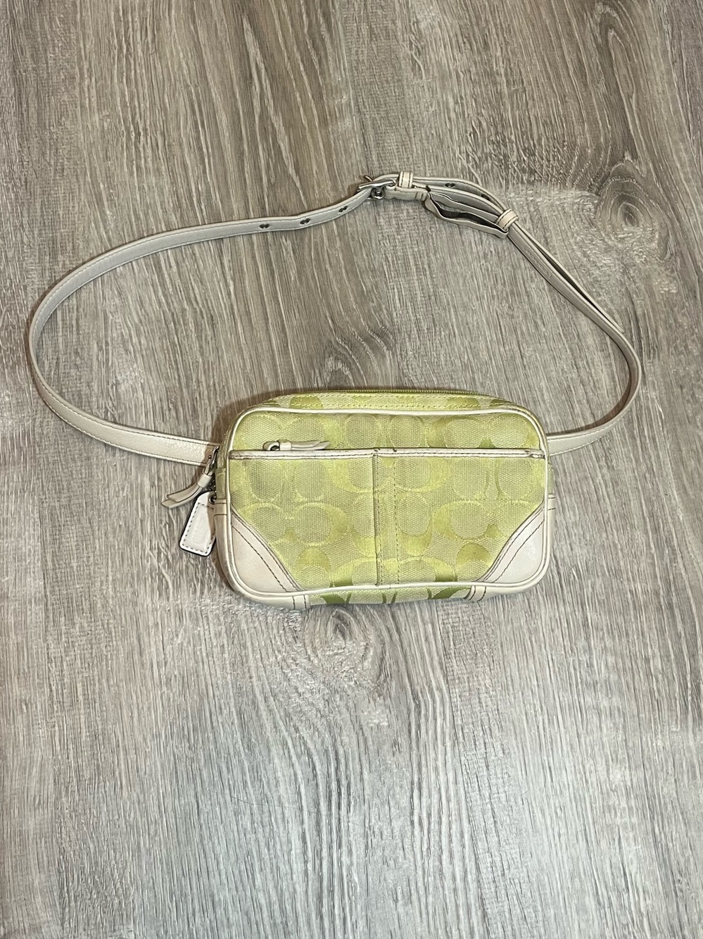 Vintage Coach Monogram Chartreuse Green White Leather Fanny Pack Belt Bag